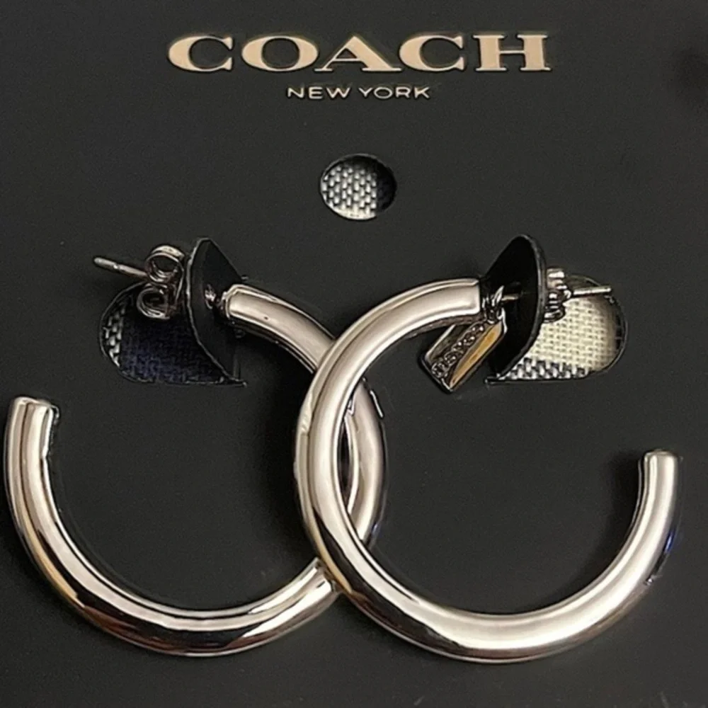 Coach Silver-Tone Signature C Hoop Earrings Logo Charm NWT - Picture 1 of 4